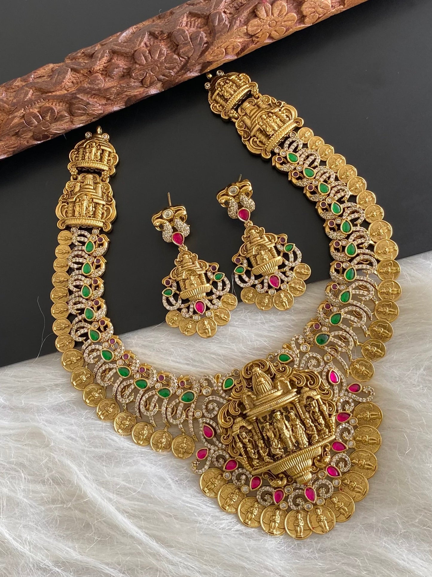 Antique gold tone pink-green-white peacock ram parivar necklace set dj-54440
