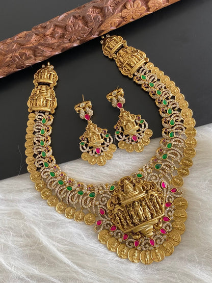 Antique gold tone pink-green-white peacock ram parivar necklace set dj-54440