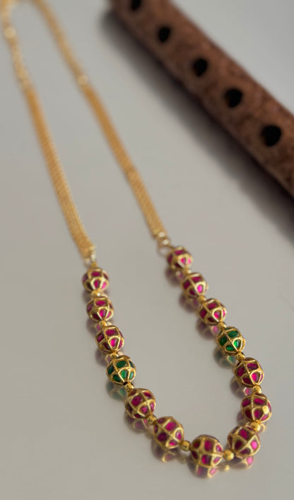 Matte finish pink-green stone jadau beaded chain dj-51512