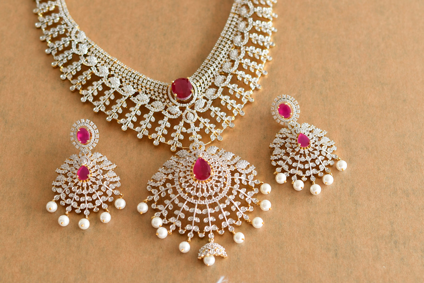 Two tone ruby-white bridal big necklace set dj-51980