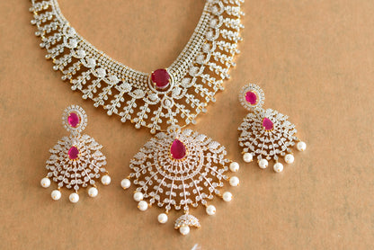 Two tone ruby-white bridal big necklace set dj-51980