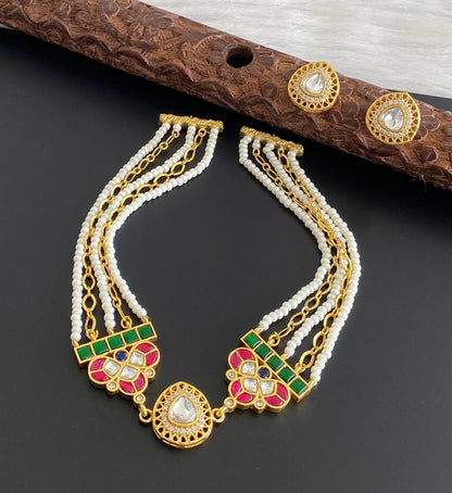 Gold tone kundan jadau pearl choker necklace set dj-54182