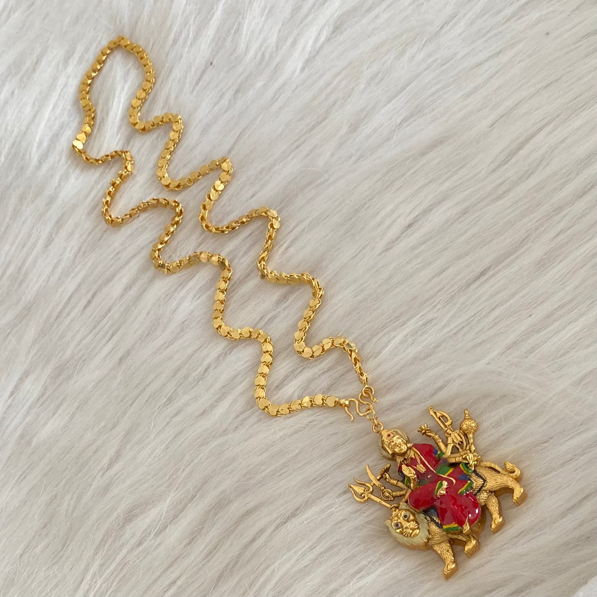 Gold tone 24 inches chain with red meenakari ma durga pendant dj-55018