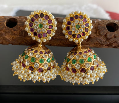 Gold tone precious kemp-green-white stone pearl big jhumkka dj-53215