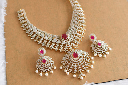 Two tone ruby-white bridal big necklace set dj-51980