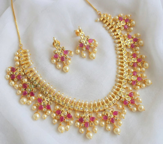 Gold tone pearl ruby gutta pusalu necklace set-dj05054