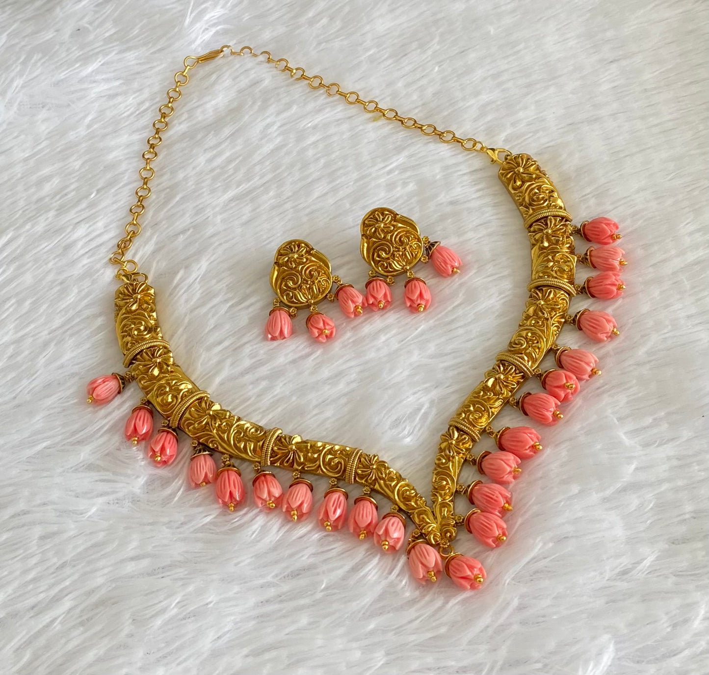 Matte finish pink tulip beaded necklace set dj-54371