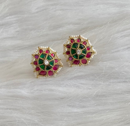 Antique gold tone pink-green-white kundan jadau stud/earrings dj-54576