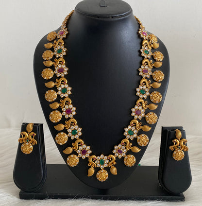 Matte finish ruby-emerald peacock lakshmi coin short haar set dj-55001
