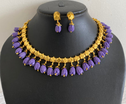 Antique gold tone dark purple tulip beaded necklace set dj-54318