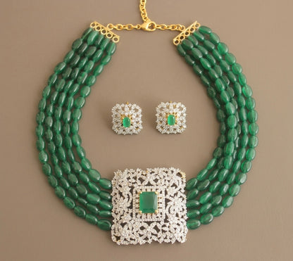 Two tone cz emerald square pendant beaded choker set DJ28888