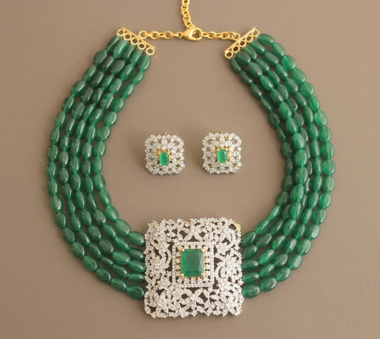 Two tone cz emerald square pendant beaded choker set DJ28888