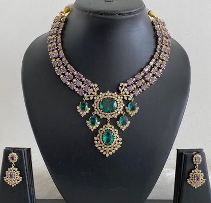 Antique gold tone cz white stone purple-green necklace set dj-54808