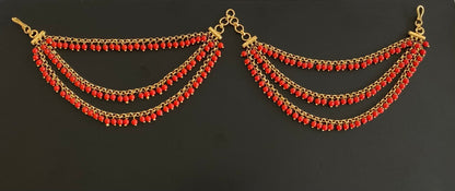 Antique gold tone coral beaded multi layer ear side chian dj-54051