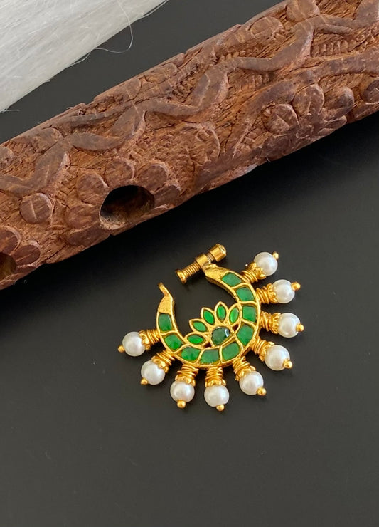 Gold tone kundan jadau green stone pearl nose pin dj-53714