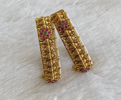 Antique gold tone pink-green pearl screw type bangles(2.8) dj-53498