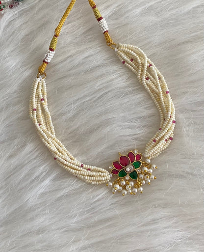 Gold tone pink-green-white kundan jadau lotus pearl choker necklace dj-54494