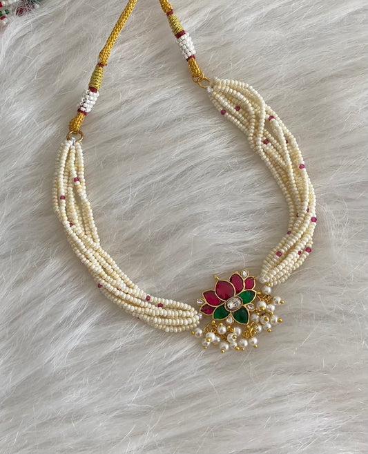 Gold tone pink-green-white kundan jadau lotus pearl choker necklace dj-54494