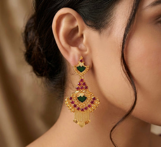Gold tone pink-green kerala style palakka long earrings dj-45320