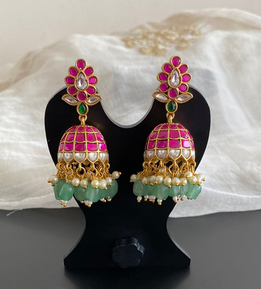 Gold tone pink-white kundan jadau green beaded pearl jhumkka dj-55097