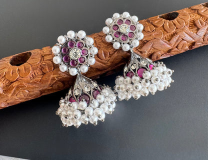 Black finish precious kemp-white stone pearl jhumkka dj-51255