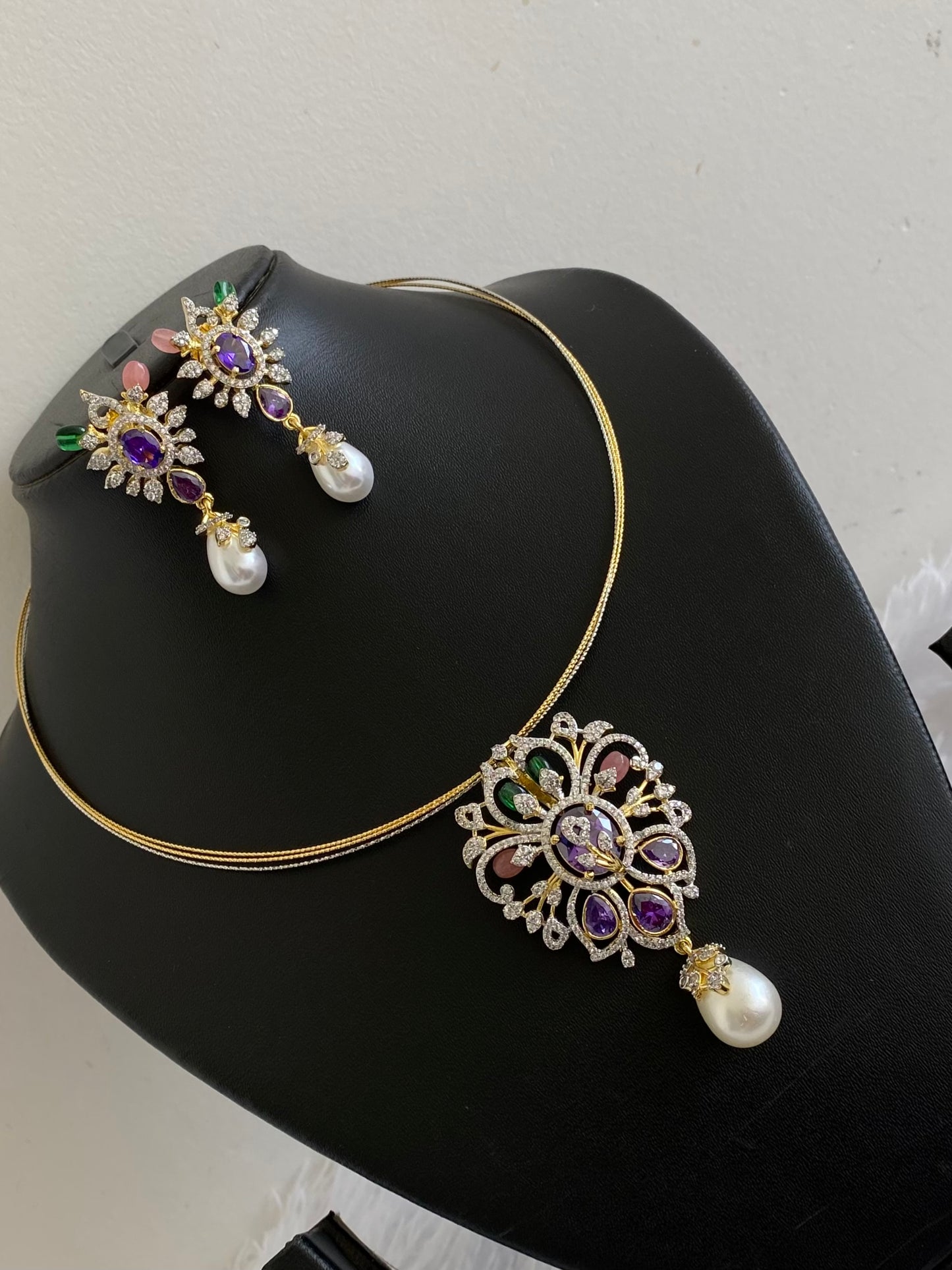 Two tone cz purple stone pendant set with kanti necklace dj-53997