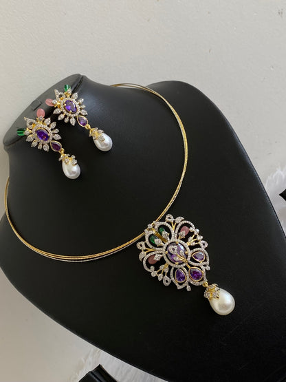 Two tone cz purple stone pendant set with kanti necklace dj-53997