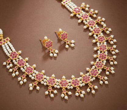 Gold Tone Pink-pearl Kolhapuri Necklace Set DJ30186