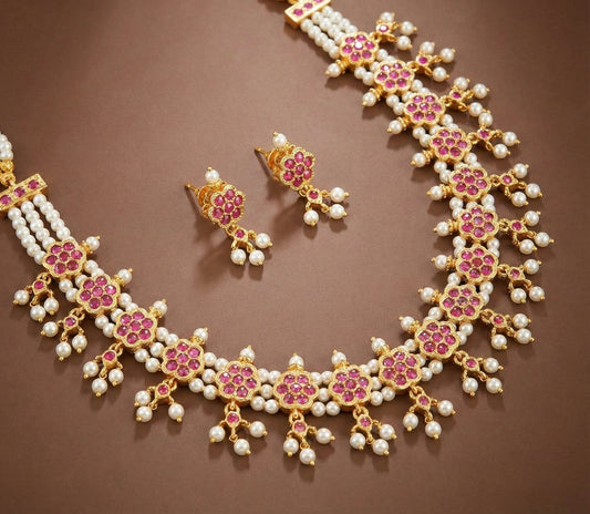 Gold Tone Pink-pearl Kolhapuri Necklace Set DJ30186