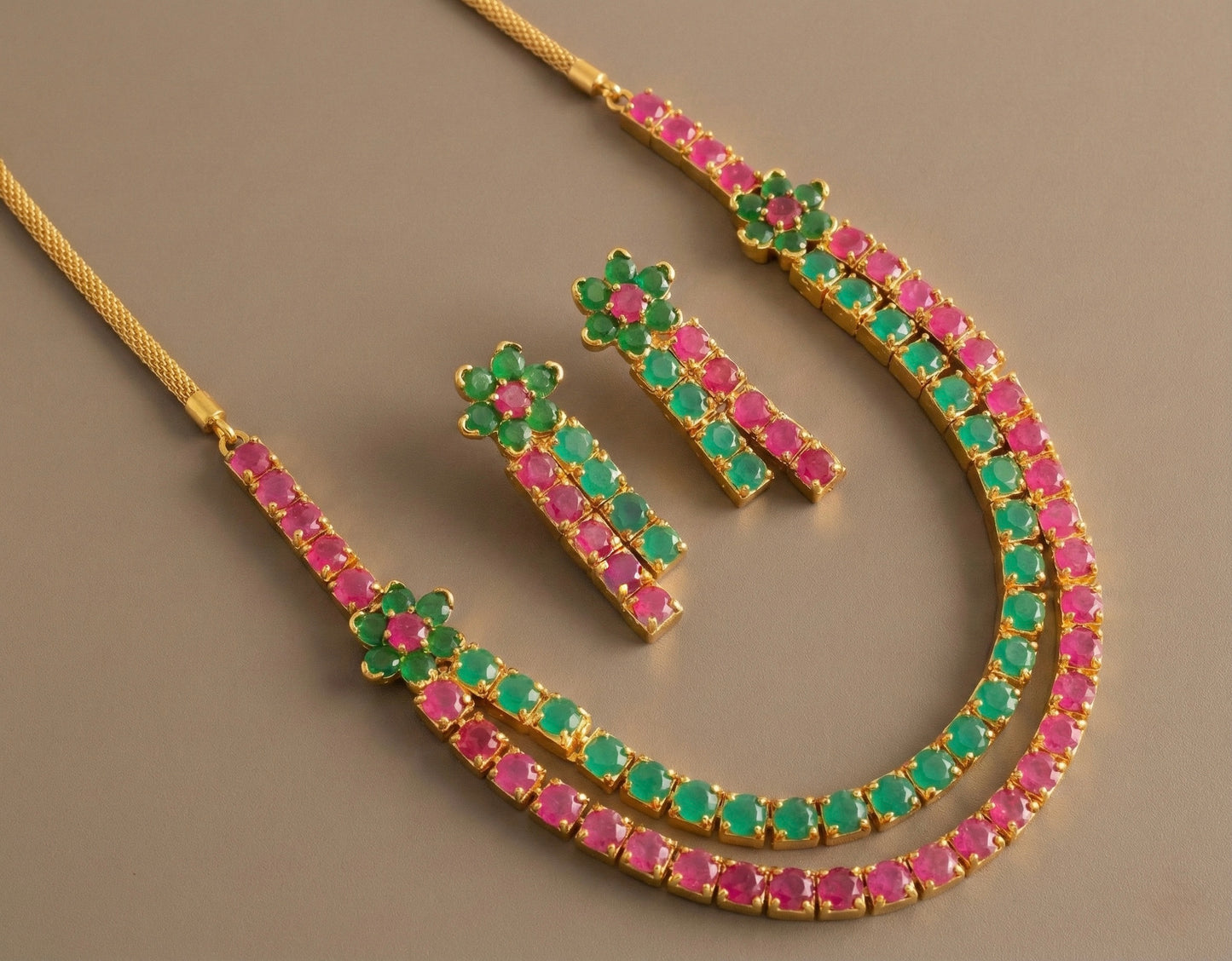 Gold tone double layer ruby-emerald necklace set-dj12355
