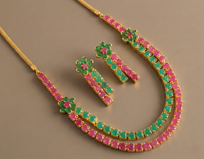 Gold tone double layer ruby-emerald necklace set-dj12355