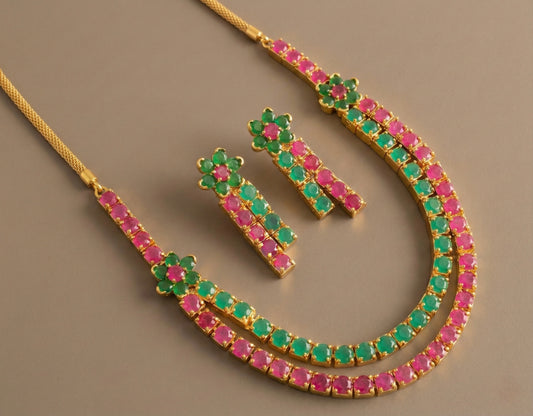Gold tone double layer ruby-emerald necklace set-dj12355
