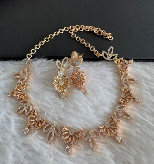 Rose gold cz white flower necklace set dj-52092
