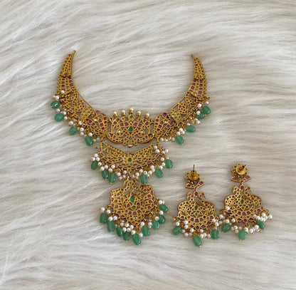 Antique gold tone kemp-green-white stone green beaded peacock necklace set dj-54812