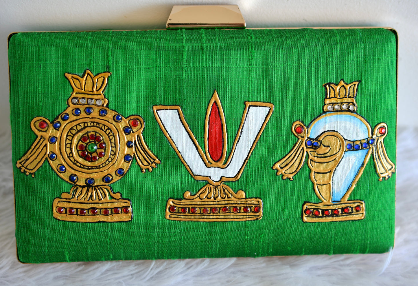 Tanjore painted green silk clutch dj-52657