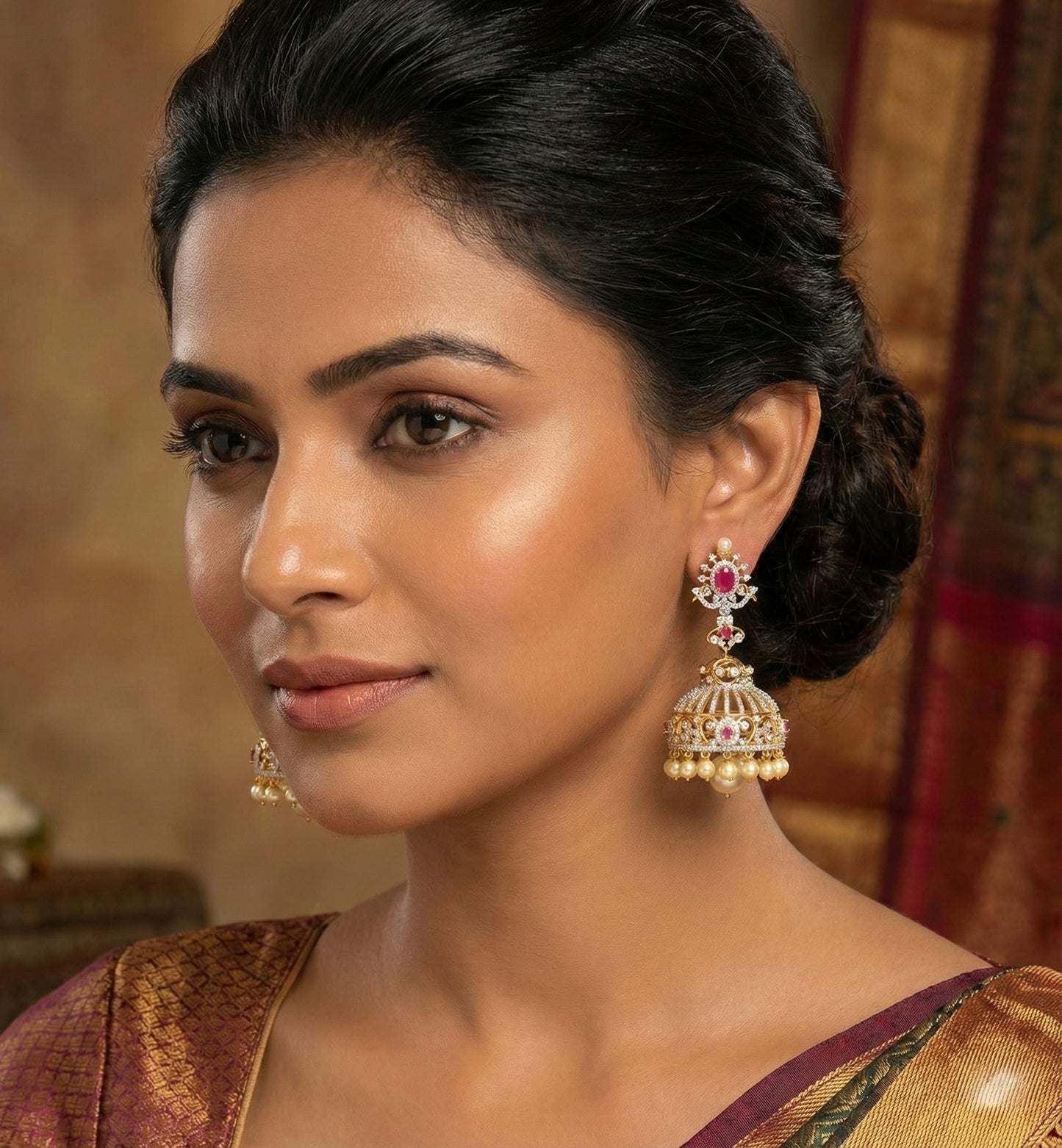 Two tone Cz-ruby pearl Big Jhumkka-dj17153
