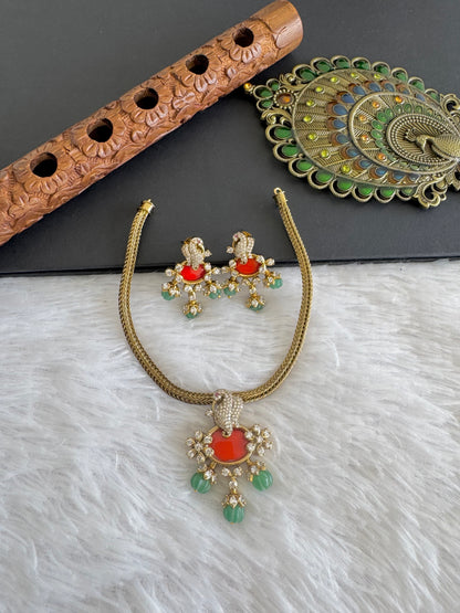 Antique gold tone cz coral-sea green white peacock necklace set dj-52131
