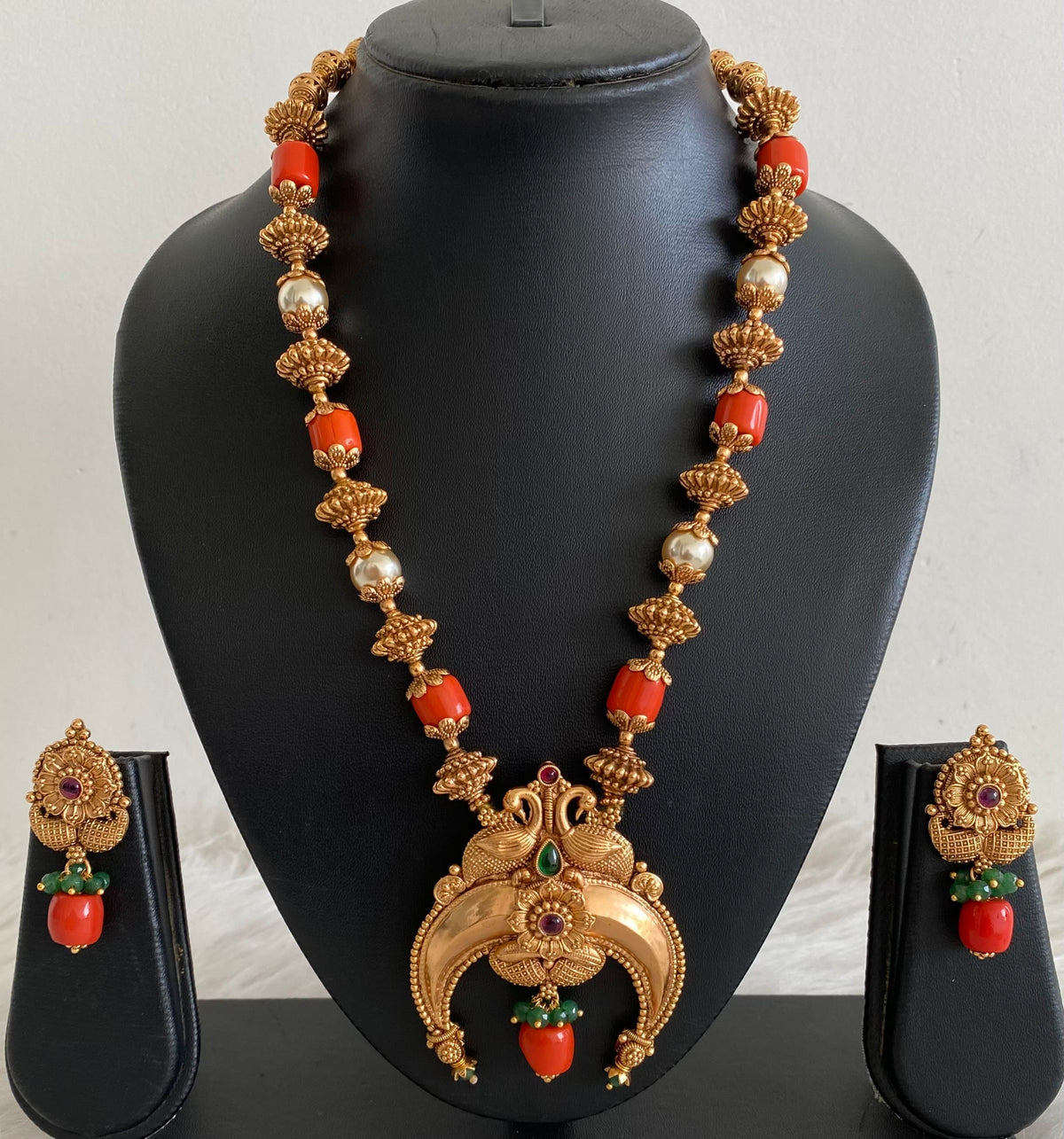 Antique gold tone coral pearl nakshi beaded peacock moon mala/necklace set dj-54955