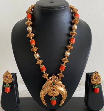Antique gold tone coral pearl nakshi beaded peacock moon mala/necklace set dj-54955