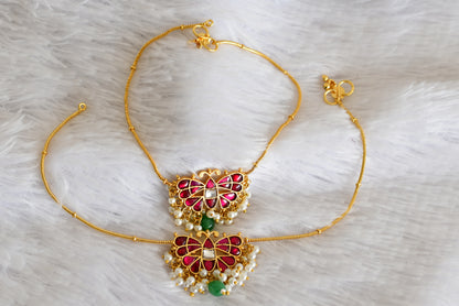 Gold tone pink-green pearl butterfly kundan jadau anklets dj-52388