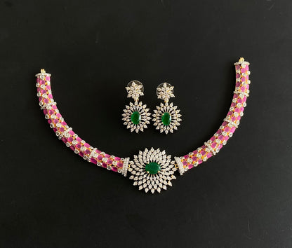 Two tone cz ruby-green flower necklace set dj-47745