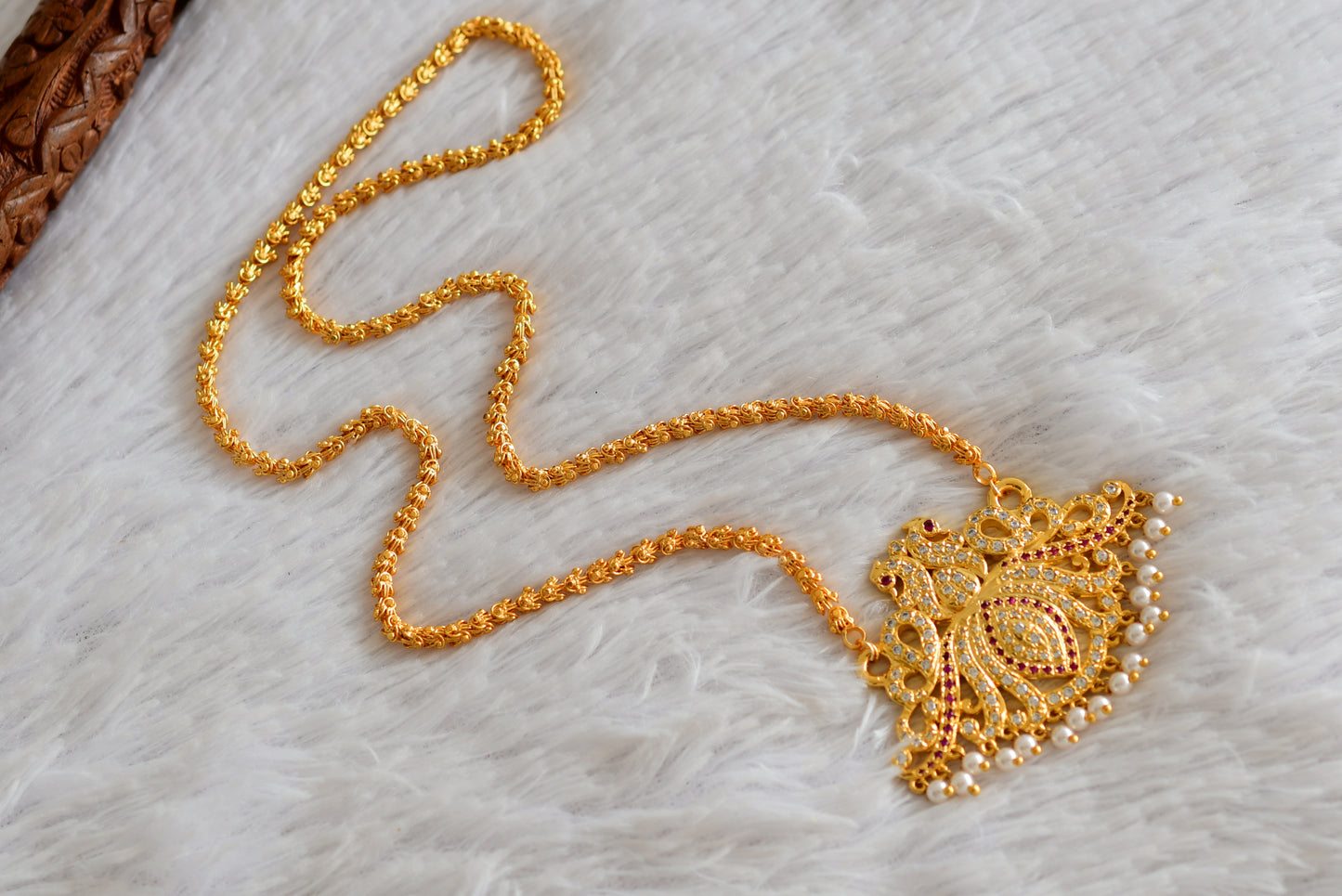 Gold Tone AD White-pink Peacock Lotus Pendant Chain dj-51910