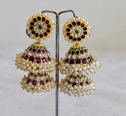 Gold tone precious kemp-green-white stone pearl big step jhumkka dj-52519