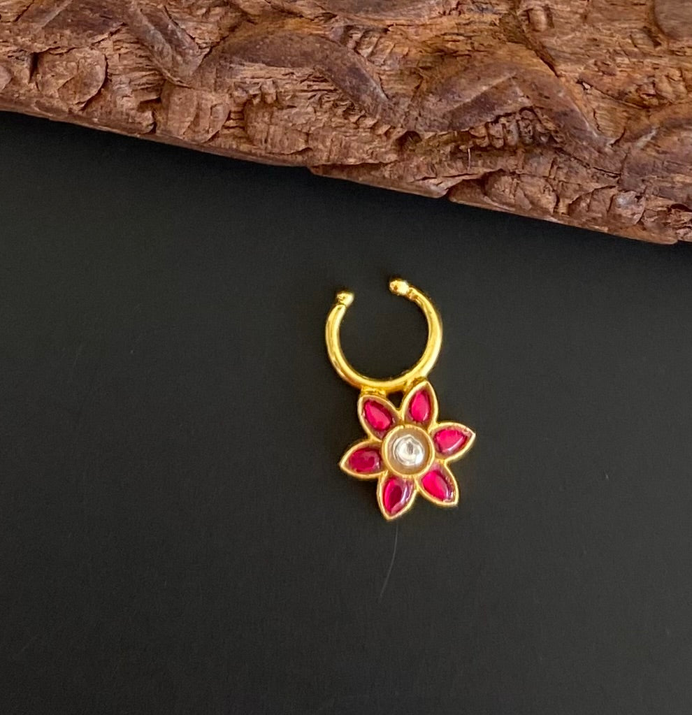 Gold tone kundan jadau pink-white stone flower nose pin/bulakku dj-53776