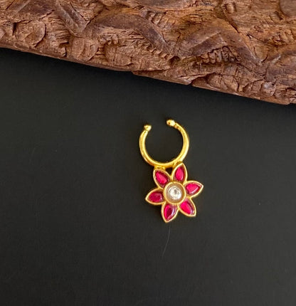 Gold tone kundan jadau pink-white stone flower nose pin/bulakku dj-53776
