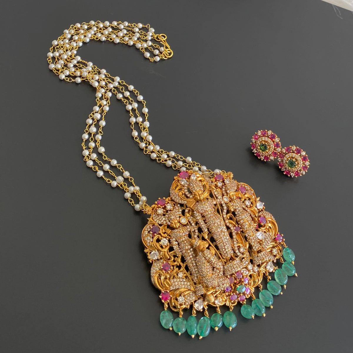 Antique gold tone pearl chain with green beaded ram parivar pendant set dj-55117