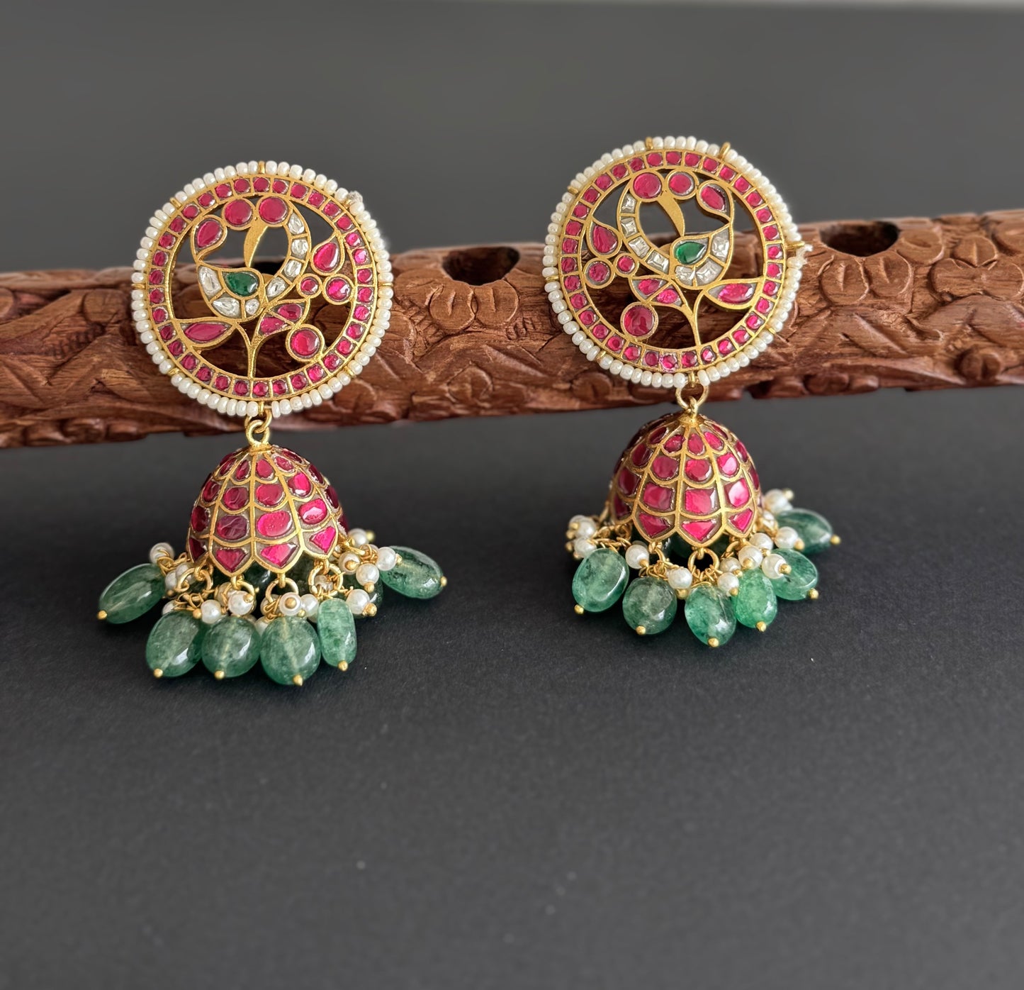 Gold tone pink-green-white kundan jadau green beaded big round peacock jhumkka dj-51509