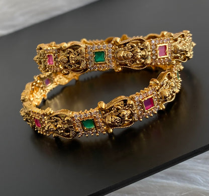 Antique gold tone ruby-green-white square stone lakshmi bangles (2.10) dj-55172