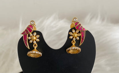Gold tone pink-white stone kundan jadau bird jhumkka dj-54590