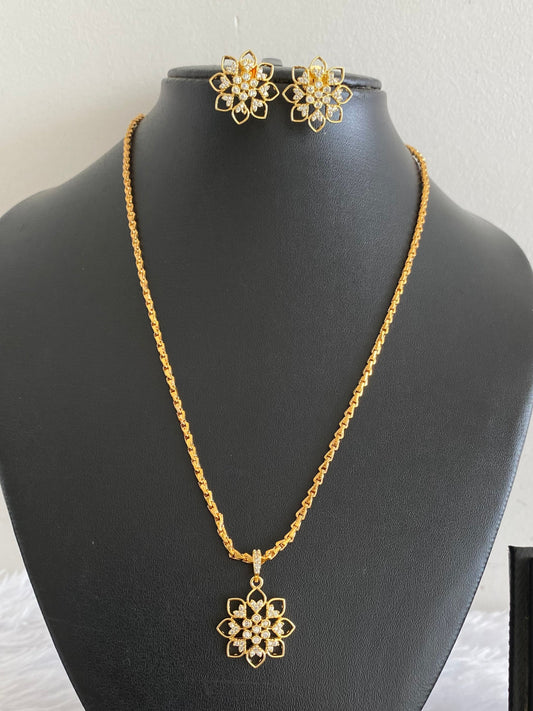 Gold tone 18 inches chain with white stone flower pendant set dj-54027
